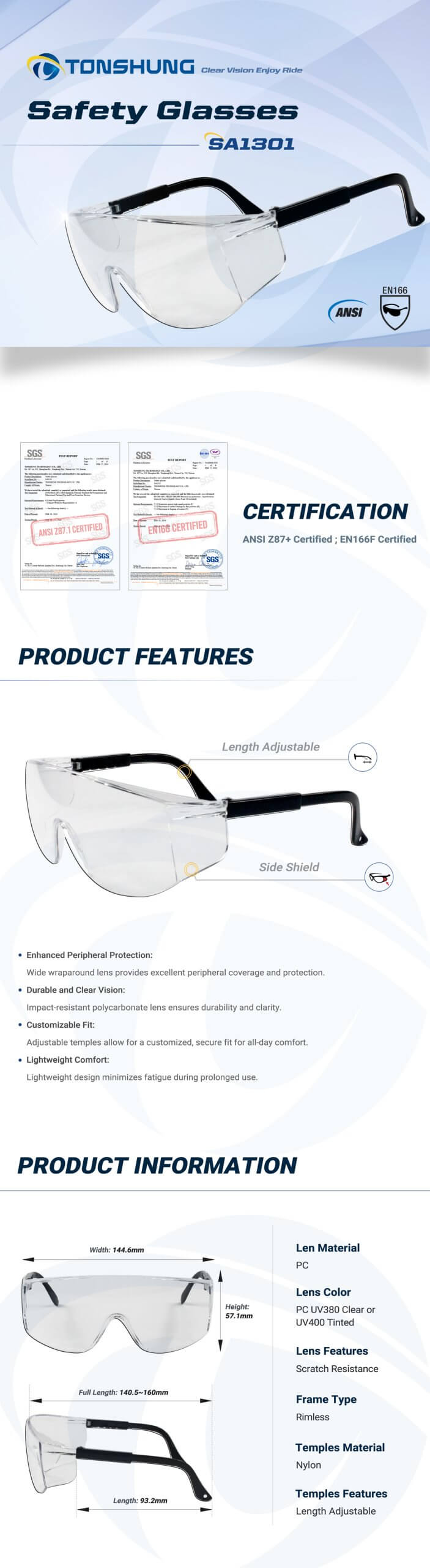 統順益(TONSHUNG) Stretchable temples safety glasses SA1301 Introduction