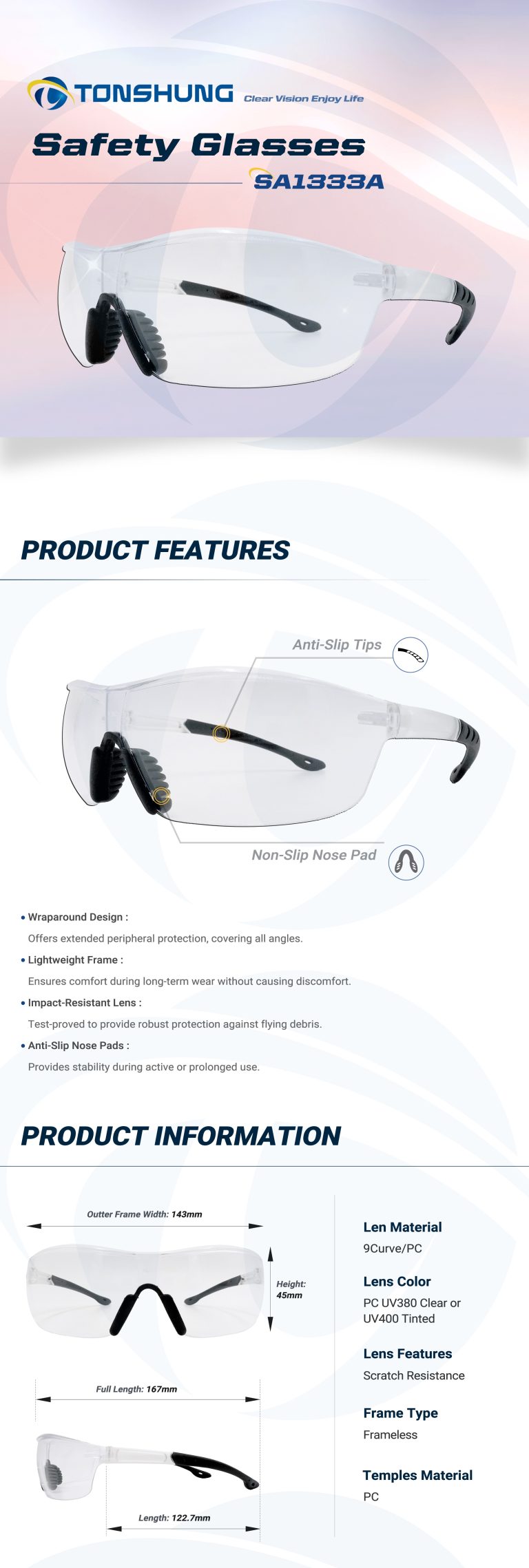 統順益(TONSHUNG) safety equipment glasses UV400 Tinted SA1333A Introduction