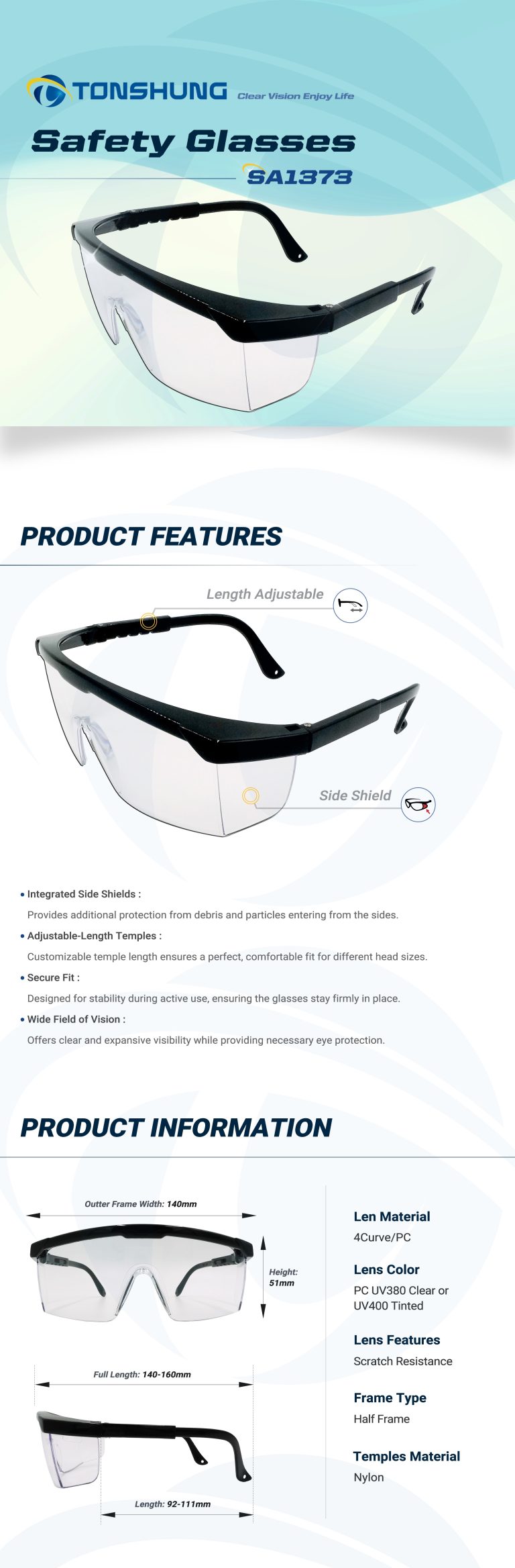 統順益(TONSHUNG) safety guard glasses PC UV380 Clear SA1373 Introduction