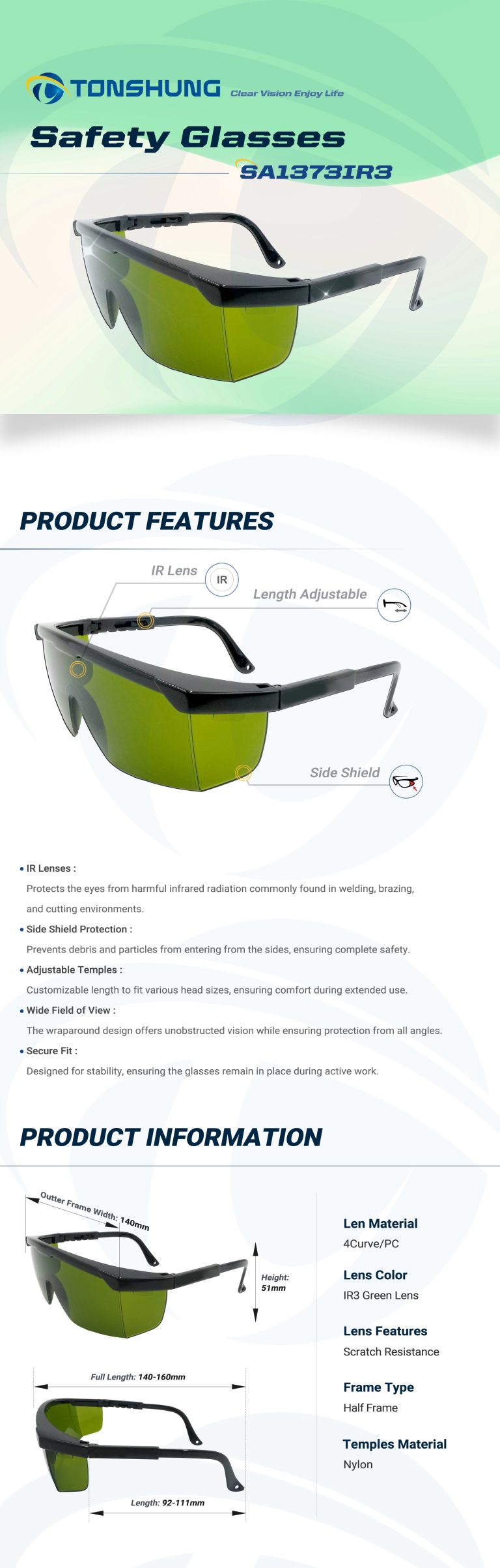 統順益(TONSHUNG) scratch resistant safety glasses IR3 Green Lens SA1373IR3 Introduction