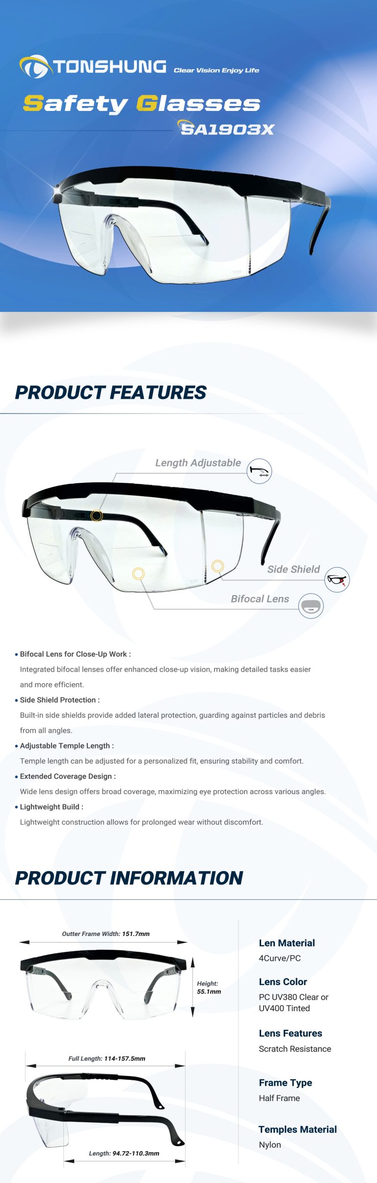 統順益(TONSHUNG) Cut Resistant Safety Glasses UV400 Tinted SA1903X Introduction