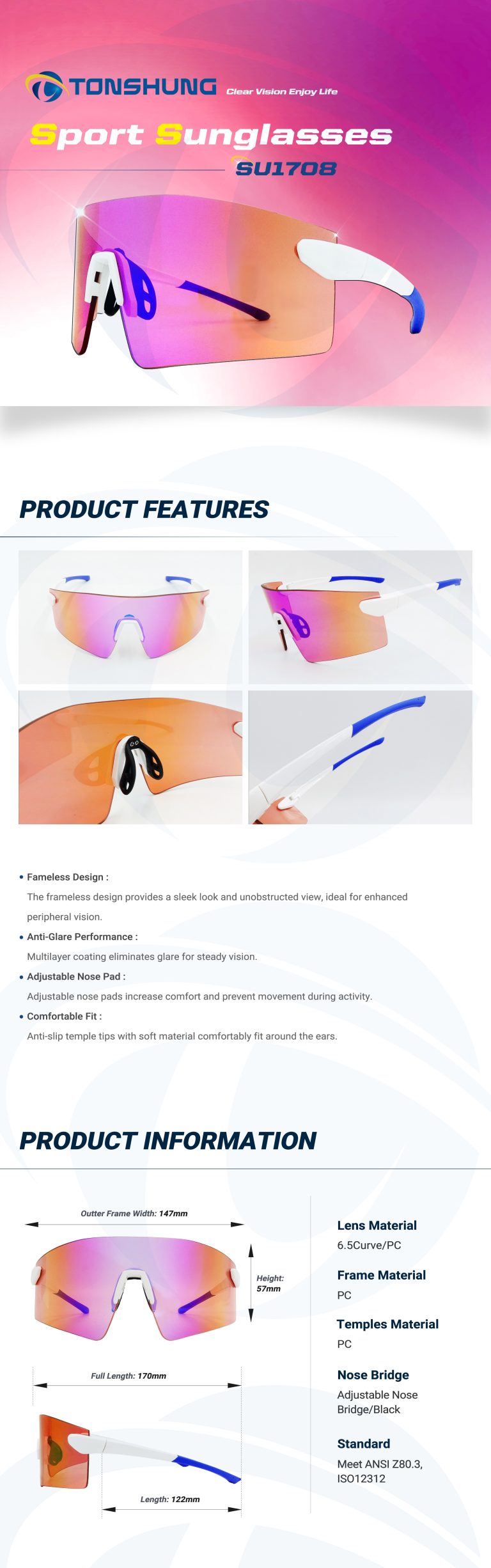 統順益(TONSHUNG) Sport Sunglasses Frameless One Piece Lens UV400 Anti Slip SU1708 Introduction