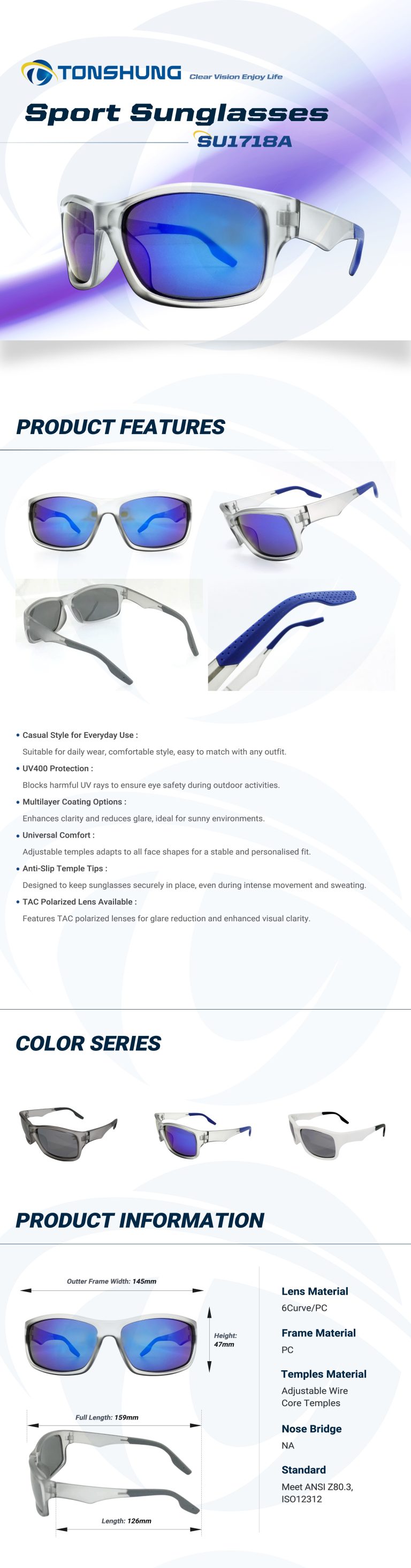 統順益(TONSHUNG) Casual Sunglasses Full Frame UV Protection Adjustable Temples SU1718A Introduction