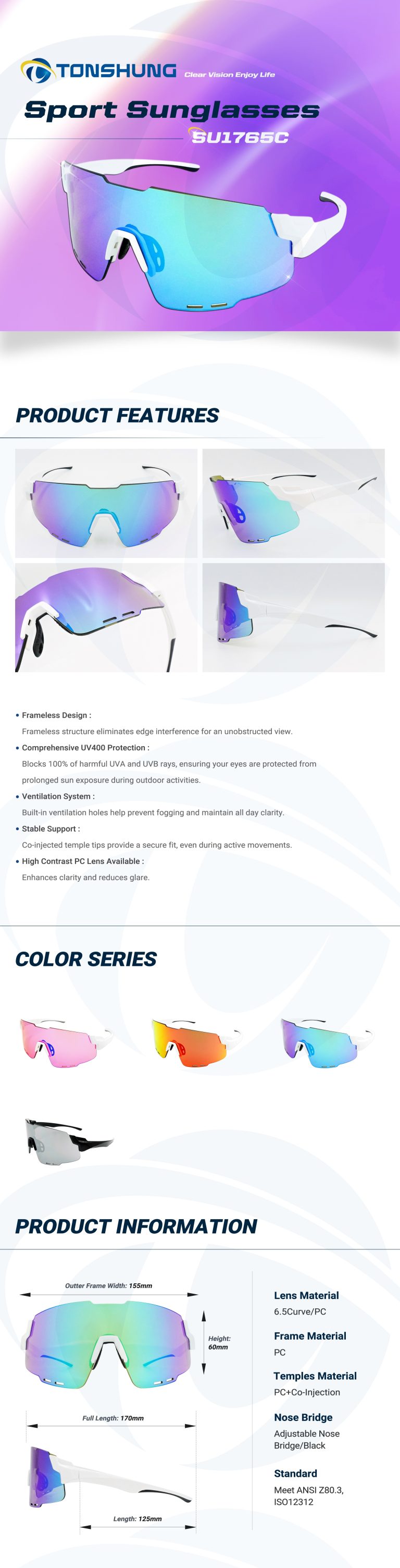 統順益(TONSHUNG) Sport Sunglasses Frameless One Piece Lens UV400 Ventilated SU1765C Introduction