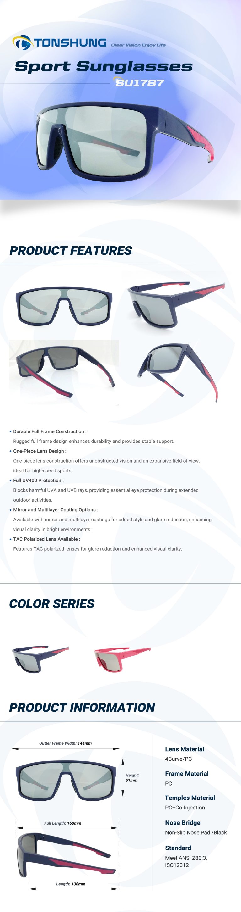 統順益(TONSHUNG) Sport Sunglasses Full Frame Large Lens Anti Slip Nose Pads SU1787 Introduction