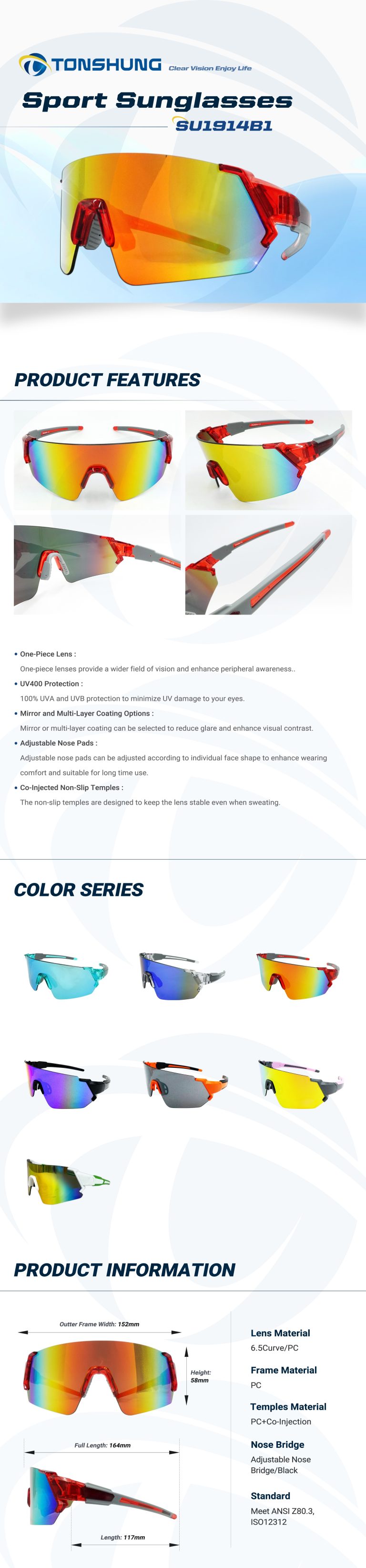 統順益(TONSHUNG) Cycling & Running Sunglasses | Rimless Wide-View Lens, UV400, Anti-Glare, Adjustable Fit SU1914B1 Introduction