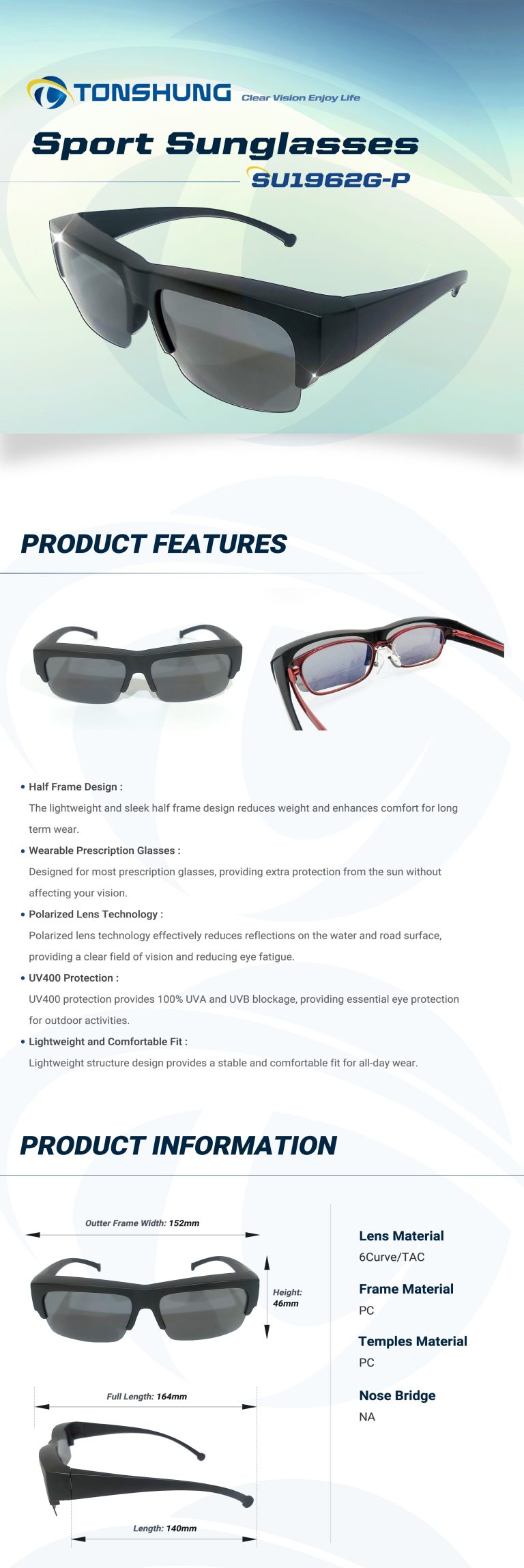 統順益(TONSHUNG) Fit-Over Polarized Sunglasses | Half Frame, UV400, Compatible with Prescription Glasses SU1962OTG Introduction