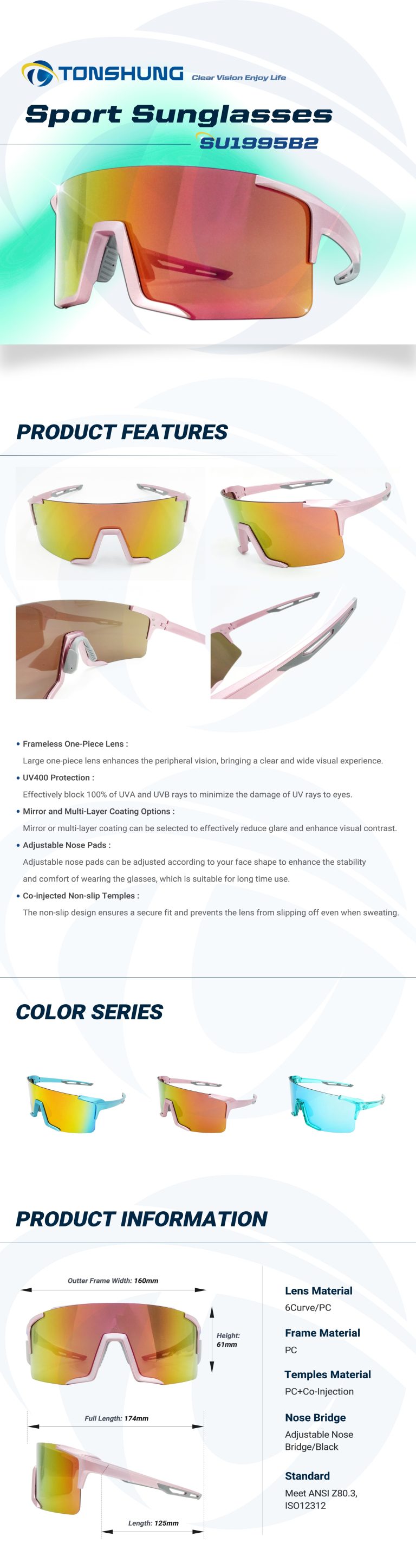 統順益(TONSHUNG) Sport Sunglasses – Rimless One-Piece Lens, UV400, Mirror Coating, Non-Slip Fit for Cycling & Running SU1995B2 Introduction