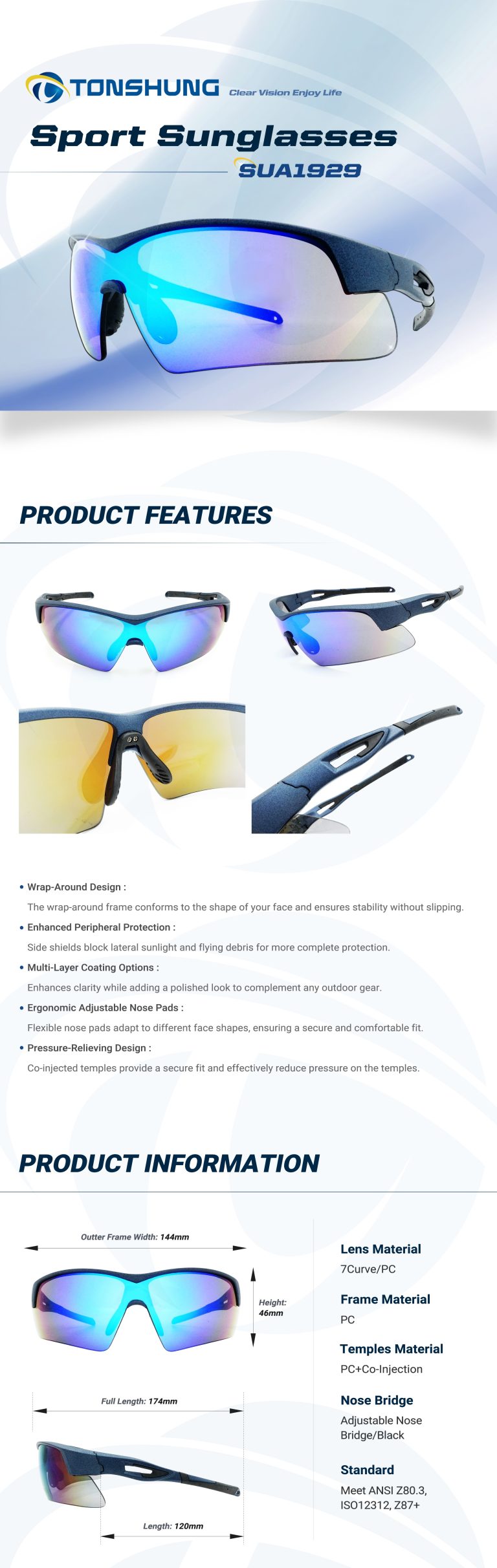 統順益(TONSHUNG) Sport Safety Sunglasses – One-Piece UV400 Lens with Dynamic Fit for Outdoor Use SUA1929 Introduction
