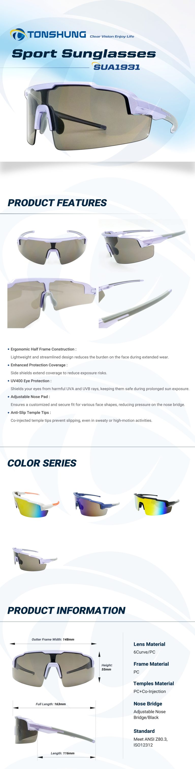 統順益(TONSHUNG) Safety Sport Sunglasses – UV400 Lens & Wraparound Side Shield for Stability SUA1931 Introduction
