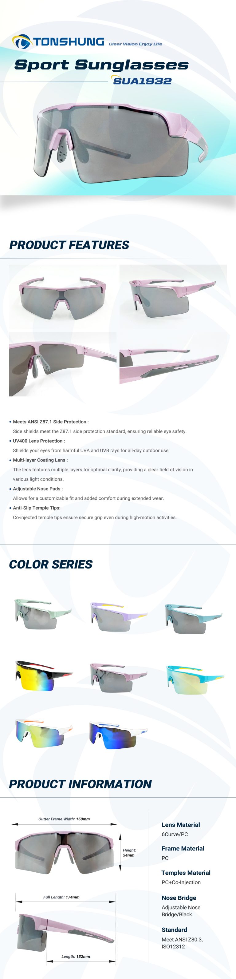 統順益(TONSHUNG) Sport Safety Sunglasses One Piece Lens UV400 Protection SU1932A Introduction