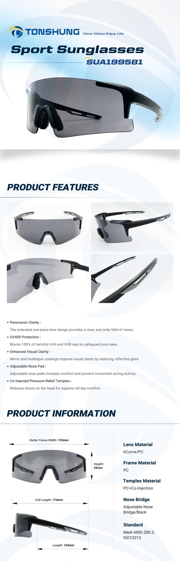統順益(TONSHUNG) Performance Sport Safety Glasses – UV400, Full Vision & Lightweight Pressure-Reducing Fit SUA1995B1 Introduction